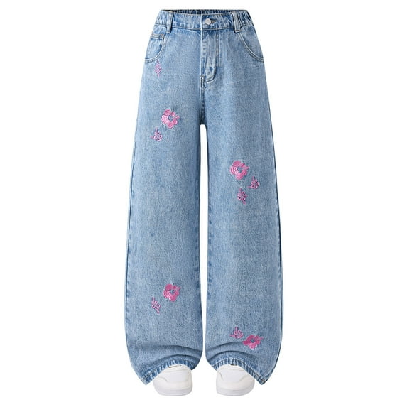 Cute Jeans for Teen Girls Ripped Bow Jeans for Girls Wide Leg Kids Baggy Flare Denim Pants High Waisted Cute Clothes Y2k Outfits with Pockets 6-14Y