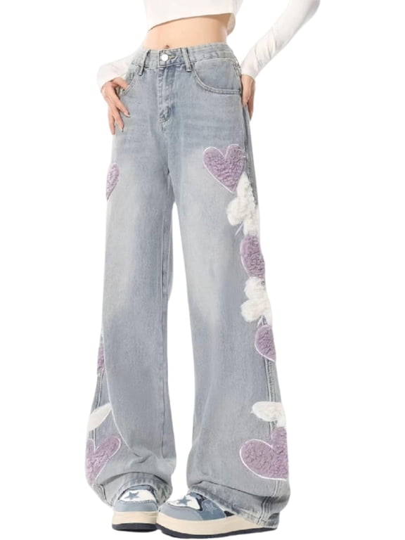 Cute Jeans for Women Girls Star Patchwork Pants High Waisted Straight Leg Jean Casual Preppy Clothes Blue3-X-Large