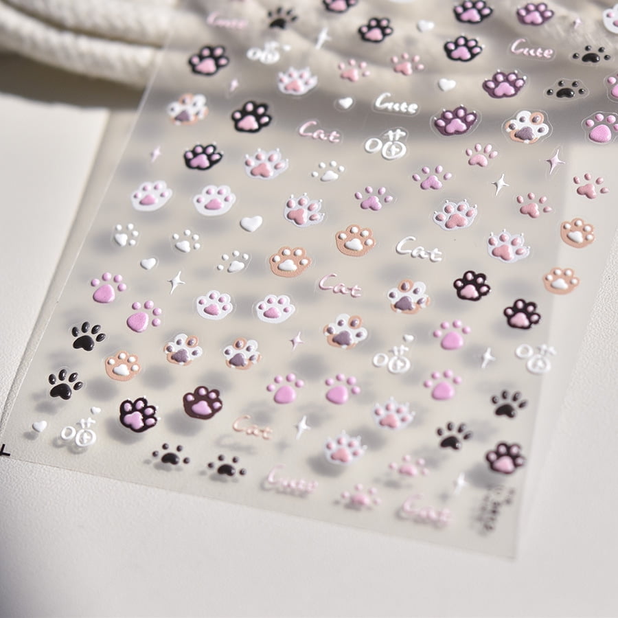Cute Jelly Pink Cat Paw Print Nail Sticker Kawaii Pink Black Cat Claw 5D Embossed Self-Adhesive Nail Art Sticker Nail Art Decal
