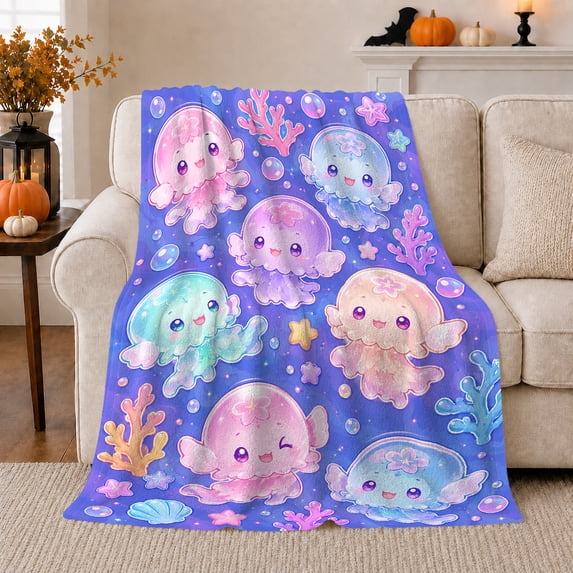 Cute Jellyfish with Coral and Bubbles, Playful Ocean Style for Sea Lovers, Pastel Underwater Motif and Birthday Gift, Cozy Flannel Blanket for Bedroom and bedroom, Home Decor