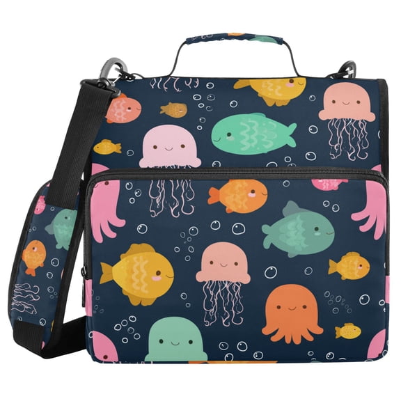Cute Jellyfish Devilfish Fish Bubbles Binder Bag with Shoulder Strap 3 Ring Zipper Binder File Folder Document Storage
