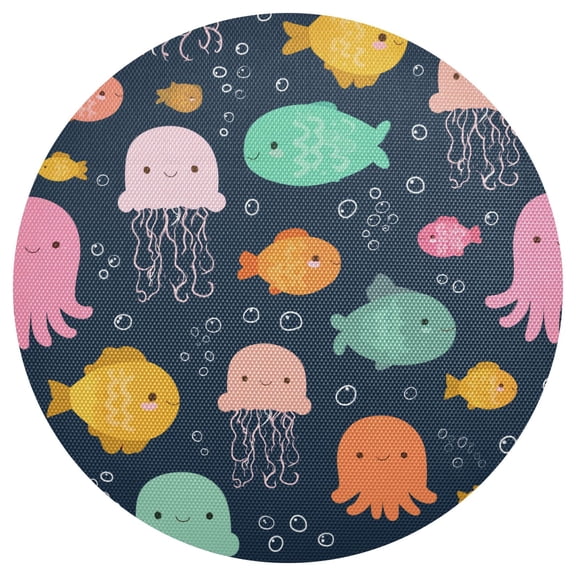Cute Jellyfish Devilfish Fish Bubbles PVC Round Grid Placemat Table Mat 1 Pc 15.4" x 15.4"