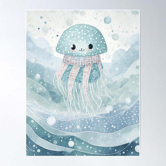Cute Jellyfish In Winter Scarf Poster Wall Art, Modern Wall Decor For Living Room Bedroom, 12x18 UNFRAMED