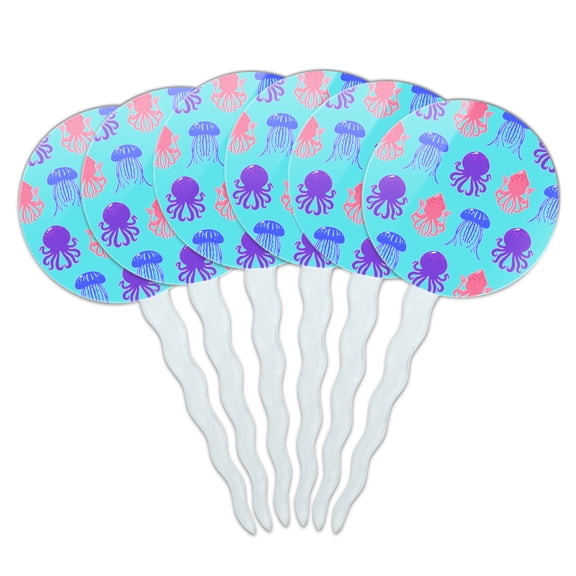 Cute Jellyfish Octopus Squid Tentacles Pattern Cupcake Picks Toppers Decoration Set of 6