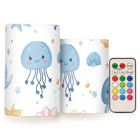 Cute Jellyfishes Starfishes Shells Bubbles Soft Pastel Flickering Flameless Candles LED Tealight Battery Operated with Remote Set of 2 Holiday Decor Ornaments