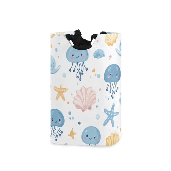 Cute Jellyfishes Starfishes Shells Bubbles Soft Pastel Laundry Basket with Handles Foldable Laundry Hamper Freestanding Washing Bin 50L