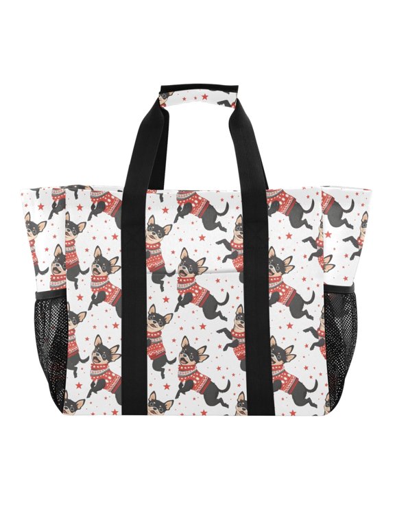 Cute Jumping Dog Reusable Grocery Bags with Handle Side Pocket Waterproof Shopping Portable Tote