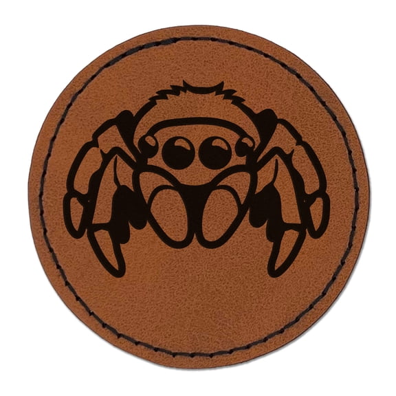 Cute Jumping Spider 2.5" Faux Leather Round Engraved Iron-On Patch - Brown