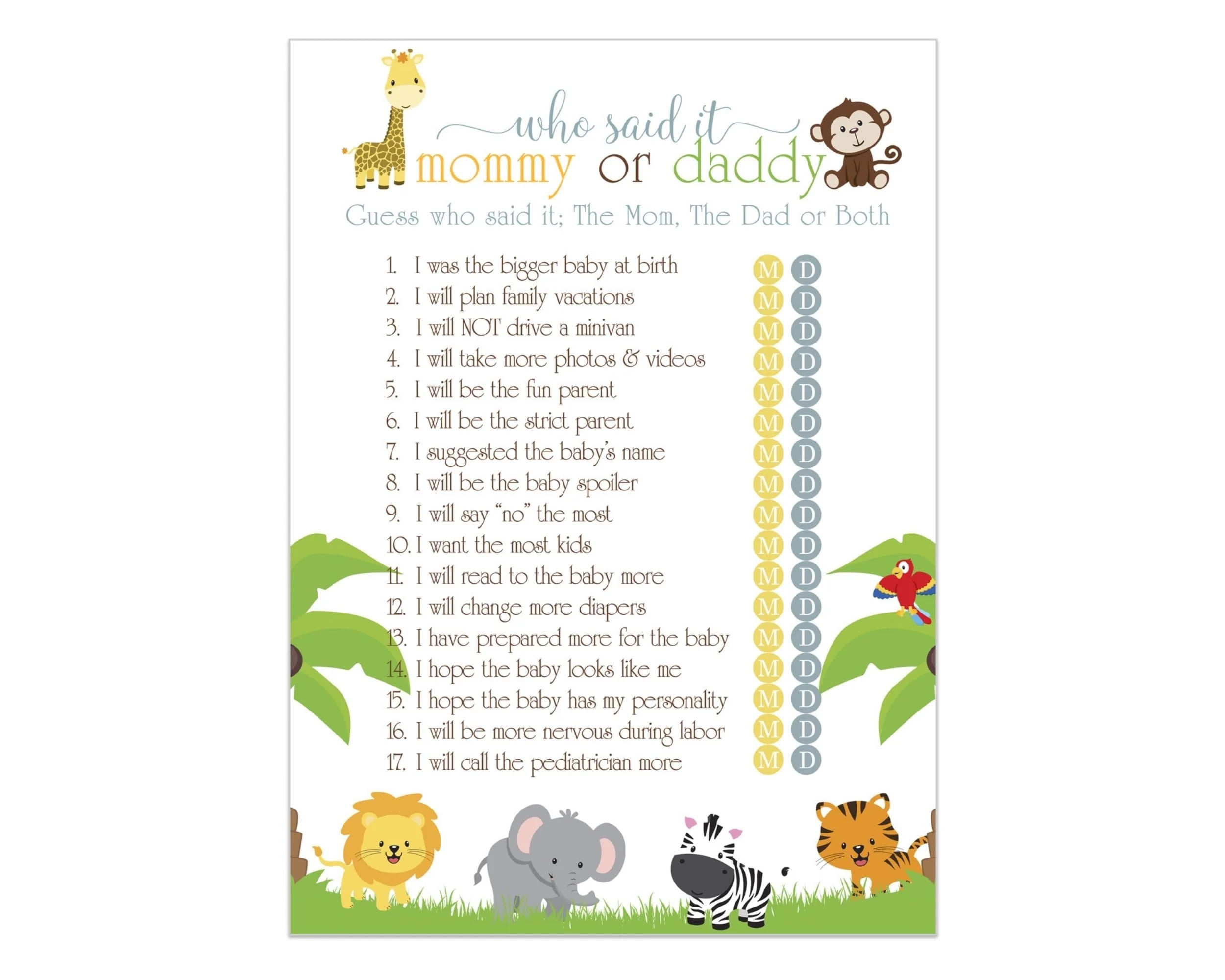 Cute Jungle Baby Shower Game Mommy or Daddy 25 Pack Guess Which Parent Activity Cards Gender Reveal - Wild Safari Animal Boys Girls - Printed 5x7 Size Set - Paper Clever Party