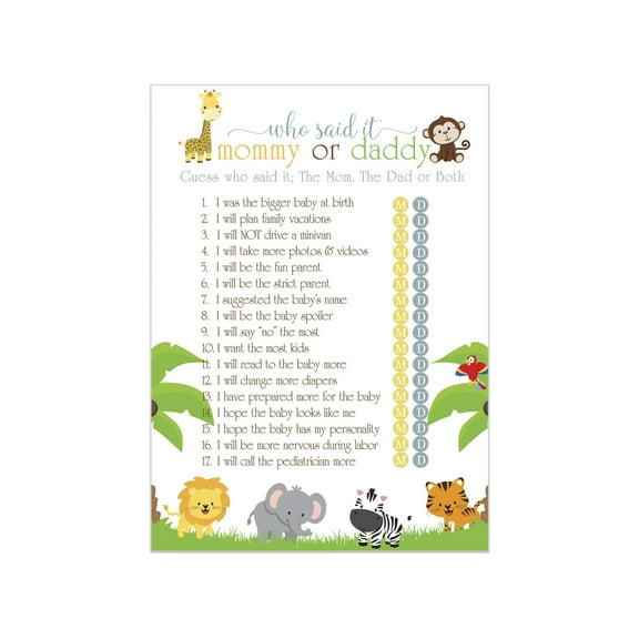 Cute Jungle Baby Shower Game Mommy or Daddy 25 Pack Guess Which Parent Activity Cards Gender Reveal - Wild Safari Animal Boys Girls - Printed 5x7 Size Set - Paper Clever Party