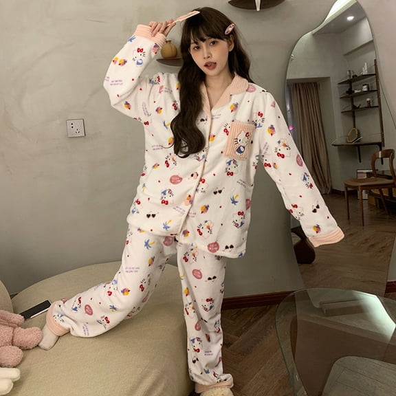 Cute KT Cat Flannel Pajama 2-piece Set （Long Sleeves Top pants） Women Winter Cardigan Warm  Thick Cartoon Soft Cozy Loungewear Set
