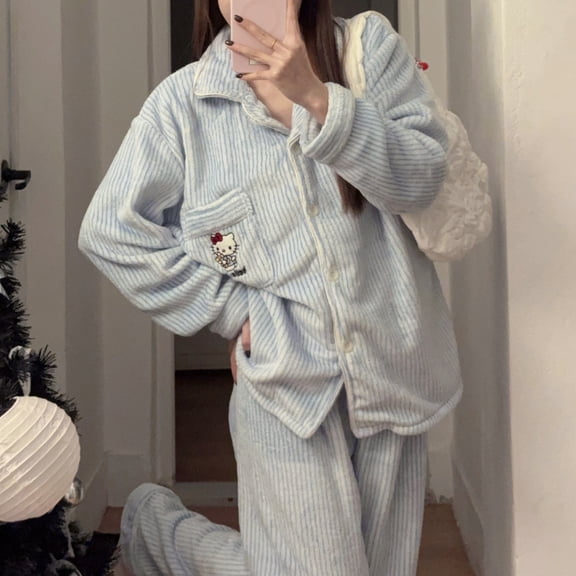 Cute KT Cat Flannel Pajama 2-piece Set (Long Sleeves Top pants) Women Winter Cardigan Warm Thick Cartoon Soft Cozy Loungewear Set