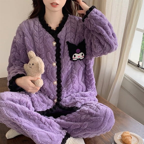 Cute KT Cat Kuromi My Melody Flannel Pajama Two-piece Set  Women  Winter Cardigan Long-sleeved Top and Long Pants Warm and Thick Home Wear Set