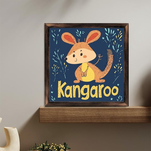 Cute Kangaroo Cartoon Animal Illustration Print Adorable Pouch Baby Joey Australian Wildlife Nature Graphic Design Nursery Kids Room Decor Art Home Decor Wall Decor Wooden Sign Wall Plaque - Vintage