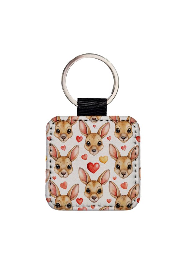 Cute Kangaroo Faces Hearts Faux Leather Square Keychain