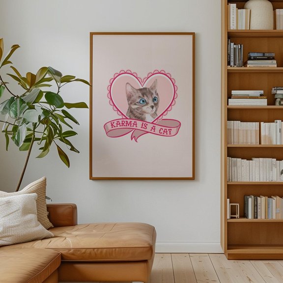 Cute Karma Cat Poster - Adorable Heart Design With Banner, Whimsical Wall Art For Cat Lovers, Pink Decor For Bedrooms Or Living Spaces Wall Art, Modern Wall Decor, 8x12 UNFRAMED