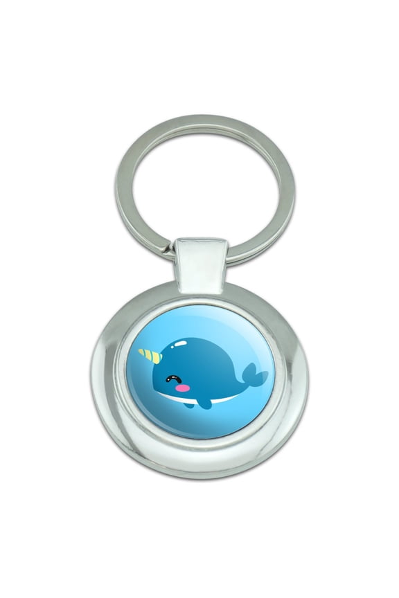 Cute Kawaii Baby Narwhal Keychain Classy Round Chrome Plated Metal