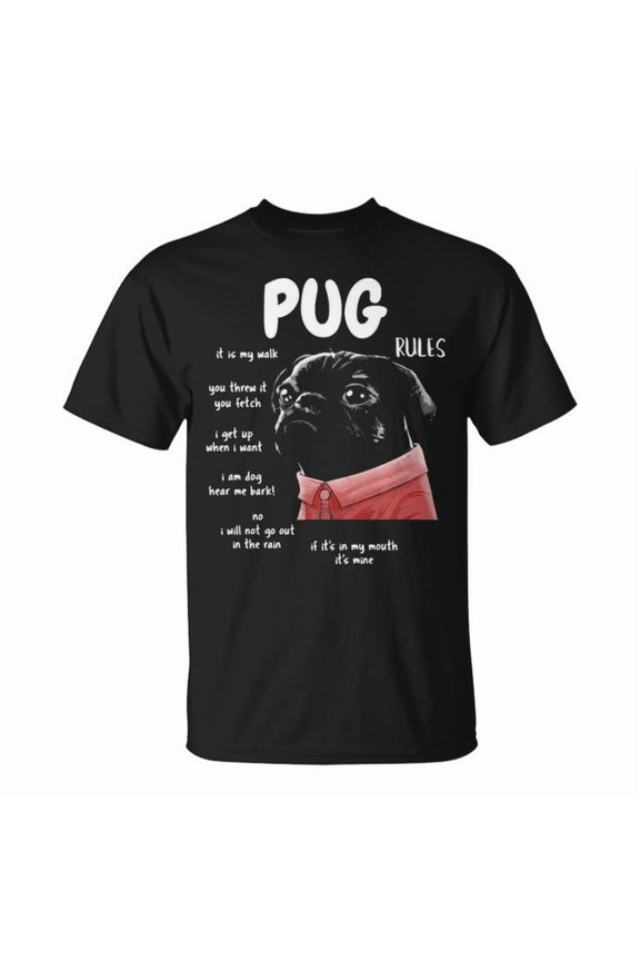 Cute Kawaii Black Pug Dog Rules Graphic Tee – Unisex Adult Cotton T-Shirt with Adorable Dog Design – Casual Comfortable Top for Pug Lovers or Gift Idea, Size M, Color Black