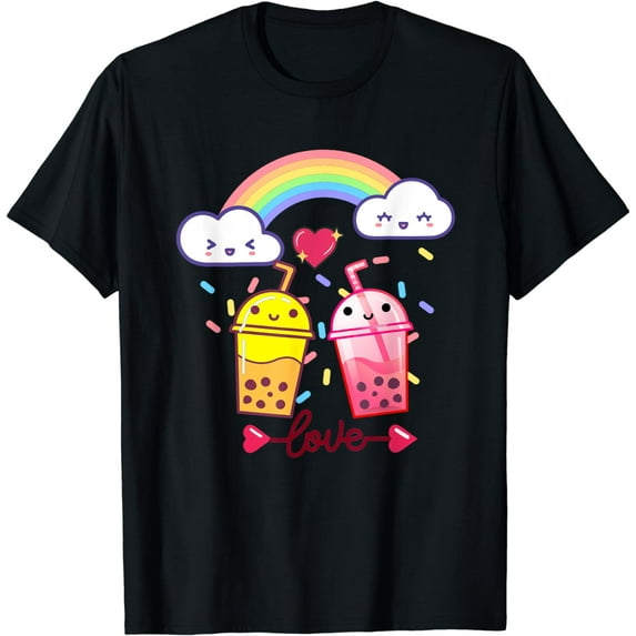 Cute Kawaii Bubble Boba Milk Tea - Funny Rainbow Heart arrow T-Shirt