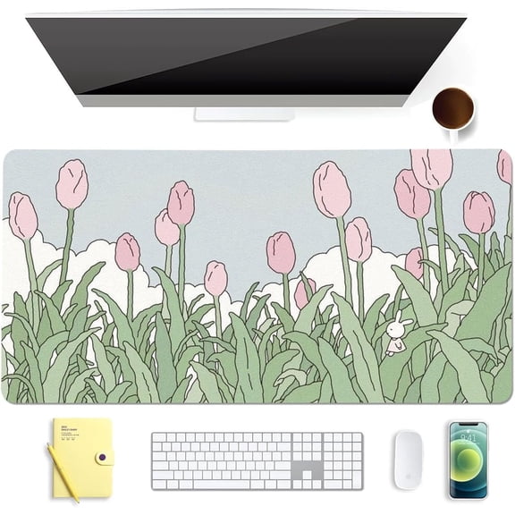 Cute Kawaii Bunny Flower Extended Gaming Keyboard Mouse Pad, Non-Slip Waterproof Leather Home Office Desk Mat Protector
