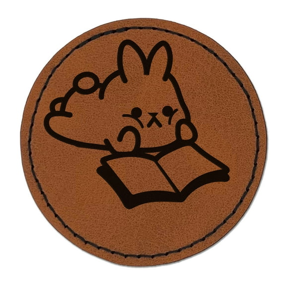 Cute Kawaii Bunny Rabbit Reading Studying for School 2.5" Faux Leather Round Engraved Iron-On Patch - Brown