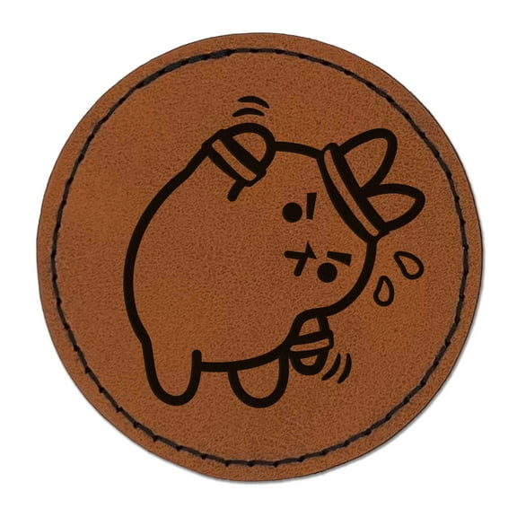 Cute Kawaii Bunny Rabbit Workout Exercise 2.5" Faux Leather Round Engraved Iron-On Patch - Brown