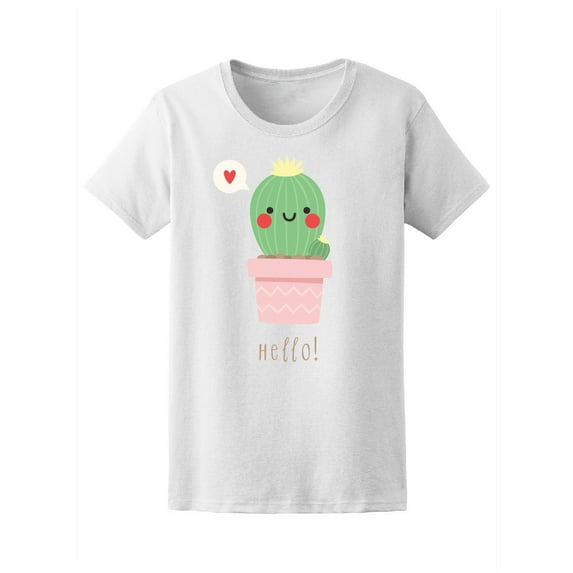 Cute Kawaii Cactus Says Hello T-Shirt Women -Image by Shutterstock, Female Large