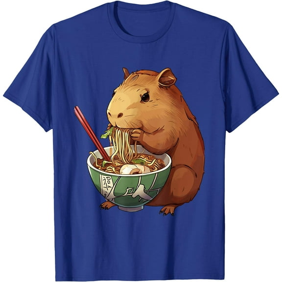 Cute Kawaii Capybara Eating Japanese Ramen Noodles Anime Unisex T-Shirt for Men Women Kids Toddler,Royal Blue Color,Size L