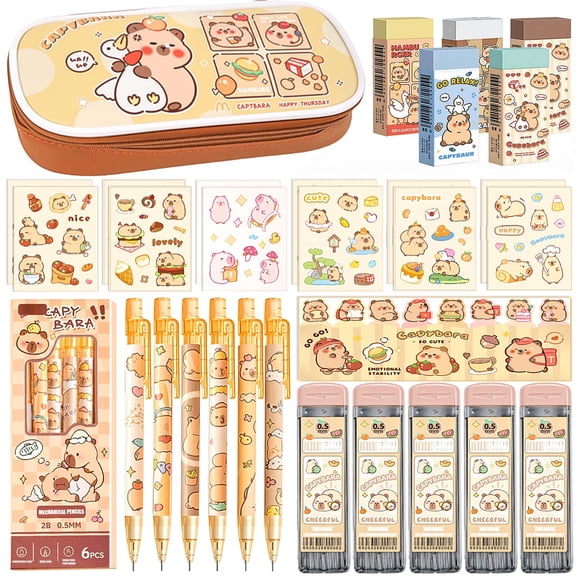 Cute Kawaii Capybara Stationery Set,Capybara Mechanical Pencil Set Christmas Birthday Gifts,Includes Mechanical Pencils,Lead Refills,Erasers,Capybara Stickers,Pencil Holder,for Office Home Supplies