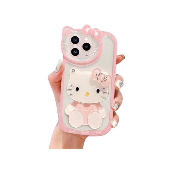 Cute Kawaii Cartoon Phone Case for iPhone 17 Pro Max Built-in Makeup Mirror for Women Girls, Soft Silicone Transparent Protective Phone Case for iPhone 17 Pro Max 6.9 Inch, Pink