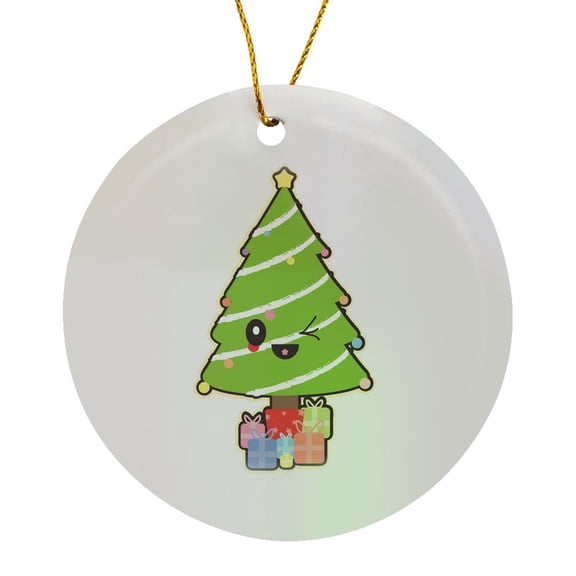 Cute Kawaii Christmas Tree With Presents Cartoon Character, Circle Porcelain Ornament