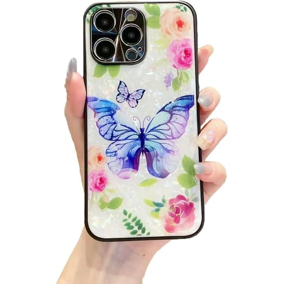 Cute Kawaii Colorful Butterfly Shell Texture Phonea Case Compatible with iPhone Case (Blue,iPhone 14)