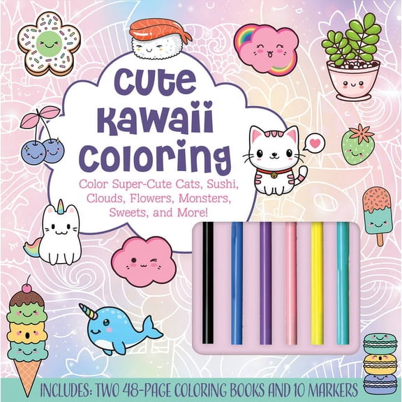 Cute Kawaii Coloring Kit : Color Super-Cute Cats, Sushi, Clouds, Flowers, Monsters, Sweets, and More! Includes: Two 48-page Coloring Books and 10 Markers (Kit)