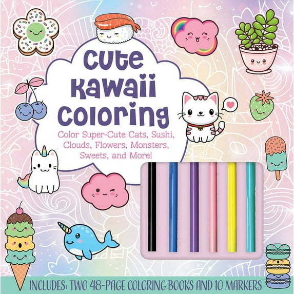 Cute Kawaii Coloring Kit : Color Super-Cute Cats, Sushi, Clouds, Flowers, Monsters, Sweets, and More! Includes: Two 48-page Coloring Books and 10 Markers (Kit)