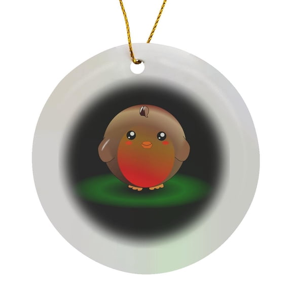 3drose, Cute Kawaii European Robin Red Breast Bird - Adorable Round Birdy Cartoon on Black Background, Circle Porcelain Ornament