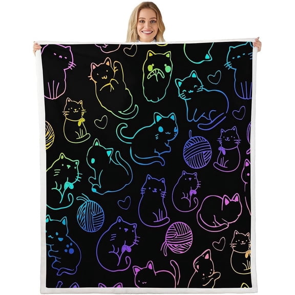 Cute Kawaii Fleece Blanket Neon Cat Sherpa Blanket for Kids Toddler, Glowing Animal Blanket Rainbow Kitten Throw Blanket for Sofa Colorful Gradient Flannel Blanket, Black