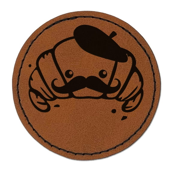 Cute Kawaii French Croissant with Beret and Mustache 2.5" Faux Leather Round Engraved Iron-On Patch - Brown
