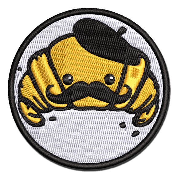 Cute Kawaii French Croissant with Beret and Mustache Applique Multi-Color Embroidered Iron-On Patch - 2.0 Inch Mini