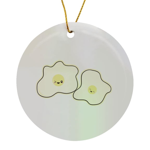 3drose, Cute Kawaii Fried Cartoon Eggs Breakfast, Circle Porcelain Ornament
