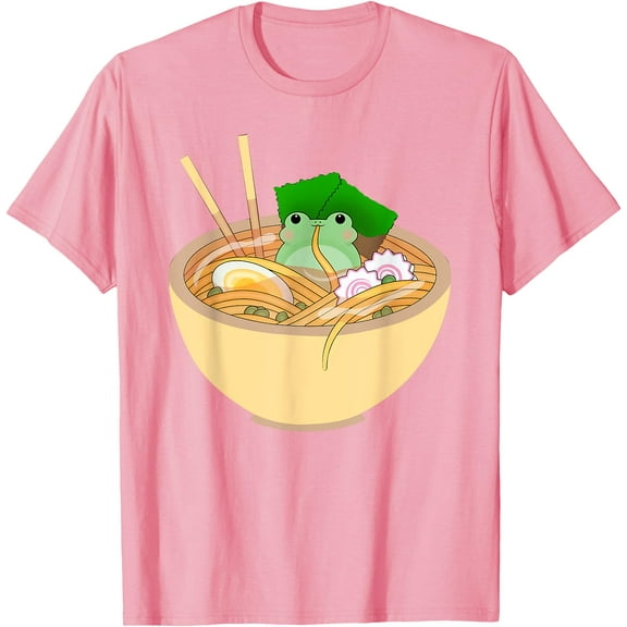 Cute Kawaii Frog Eating in Ramen Bowl Unisex T-Shirt for Men Women Kids Toddler,Light Pink Color,Size L