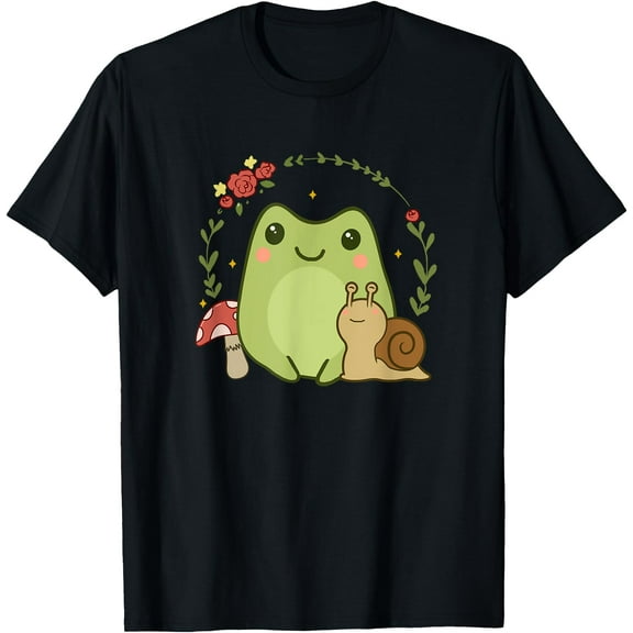 Cute Kawaii Frog Snail Mushroom Cottagecore Aesthetic Unisex T-Shirt for Men Women Kids,Black Color,Size 4T