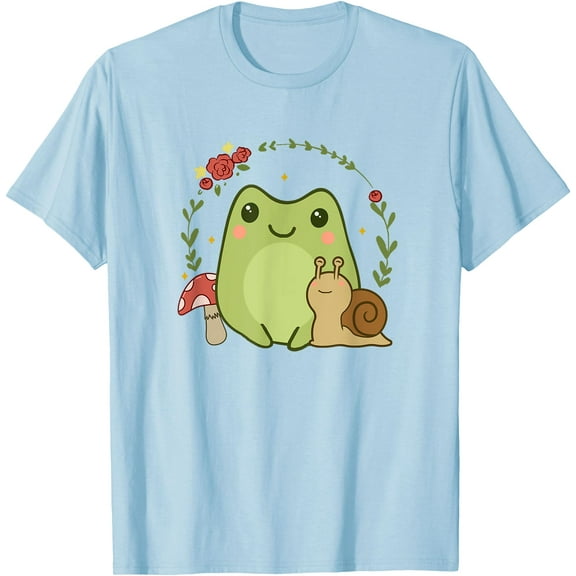 Cute Kawaii Frog Snail Mushroom Cottagecore Aesthetic Unisex T-Shirt for Men Women Kids,Light Blue Color,Size 4T