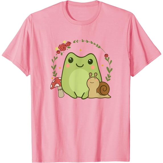 Cute Kawaii Frog Snail Mushroom Cottagecore Aesthetic Unisex T-Shirt for Men Women Kids,Light Pink Color,Size YXL