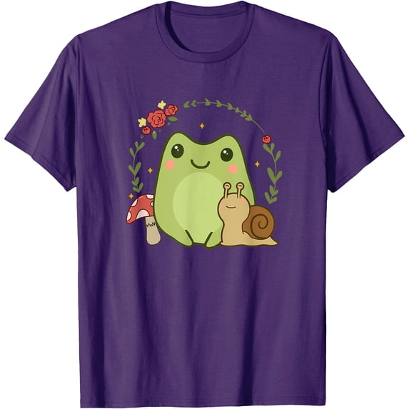 Cute Kawaii Frog Snail Mushroom Cottagecore Aesthetic Unisex T-Shirt for Men Women Kids,Purple Color,Size 5XL