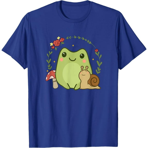 Cute Kawaii Frog Snail Mushroom Cottagecore Aesthetic Unisex T-Shirt for Men Women Kids,Royal Blue Color,Size M