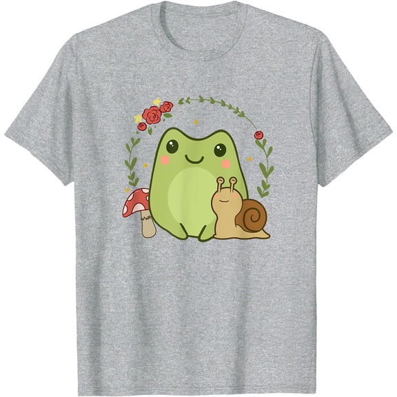 Cute Kawaii Frog Snail Mushroom Cottagecore Aesthetic Unisex T-Shirt for Men Women Kids,Sport Grey Color,Size M