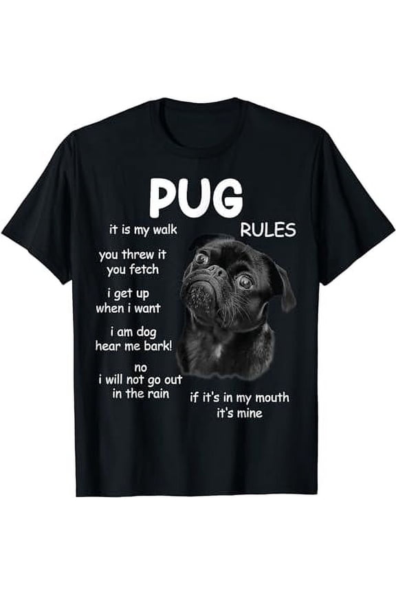 Cute Kawaii Funny Black Pug Dog Rules Gifts Men Women Kids T-Shirt