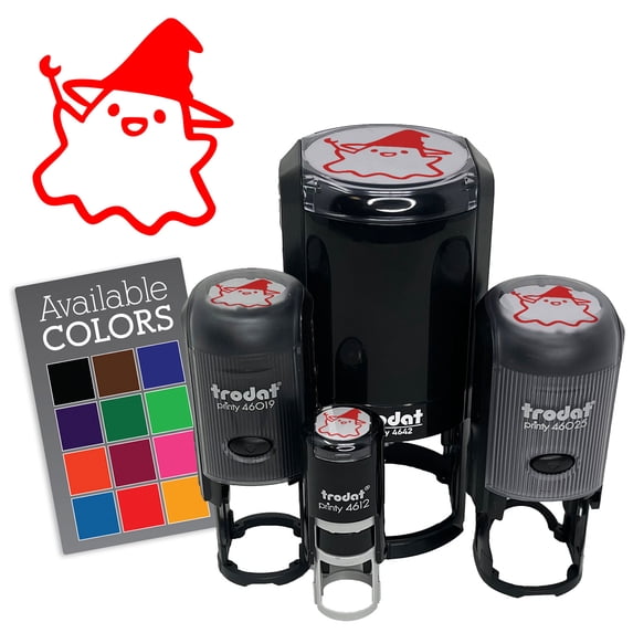 Cute Kawaii Ghost Witch Hat Wand Self-Inking Rubber Stamp for Stamping Ink Stamper Crafting Planners - 1/2 Inch Mini - Green Ink
