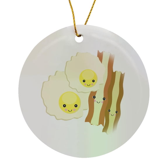 3drose, Cute Kawaii Happy Kawaii Breakfast Eggs and Bacon, Circle Porcelain Ornament