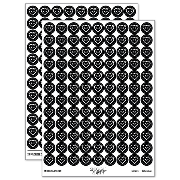Cute Kawaii Heart with Bow 200+ Round Stickers - Black - Matte Finish - 0.50" Size
